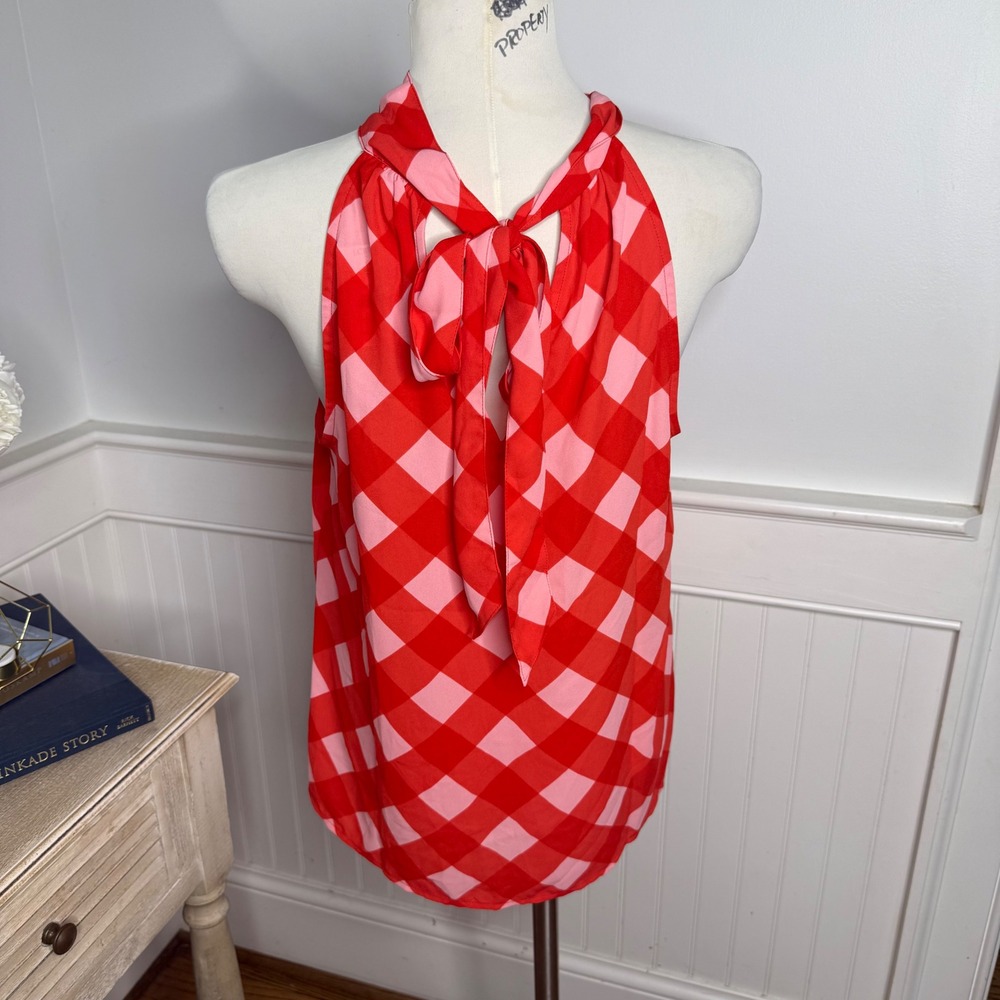 J.Crew Red Pink Buffalo Check Halter Neck Tie Back Blouse AP124 Womens Sz 8 NEW